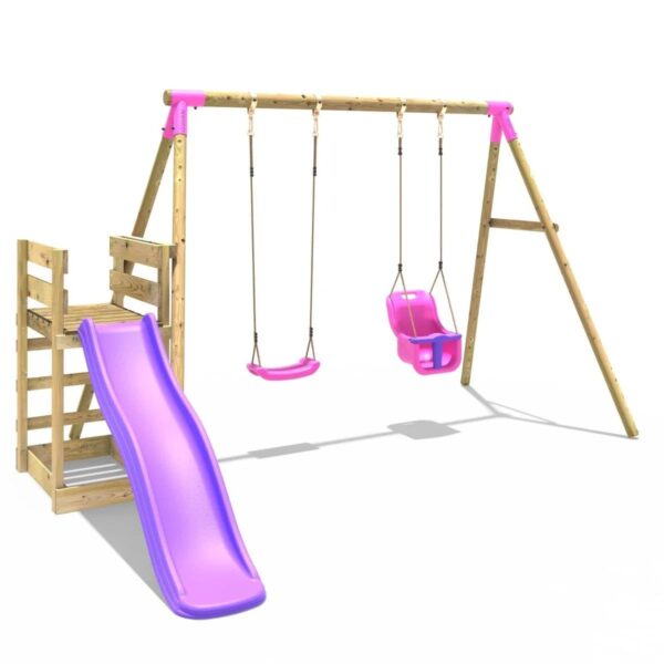 Rebo Wooden Swing Set plus Deck & Slide - Luna Pink - Image 2