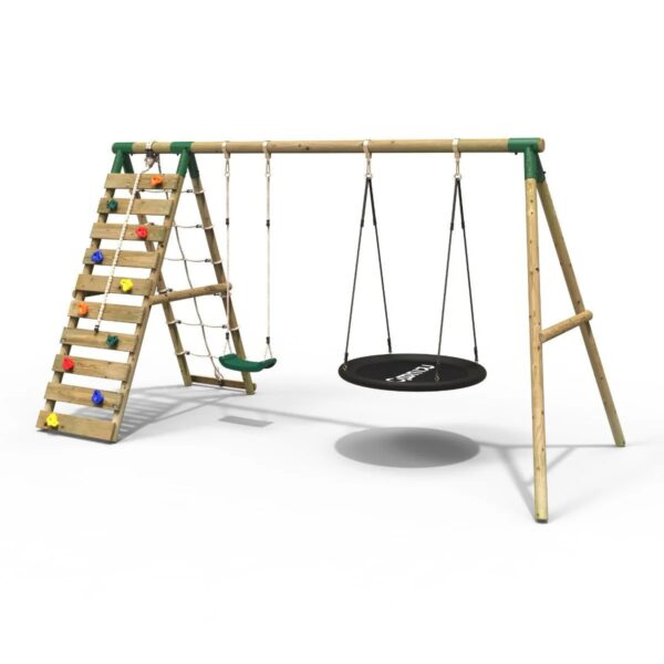 Rebo Wooden Swing Set with Up and Over Climbing Wall - Vale Green