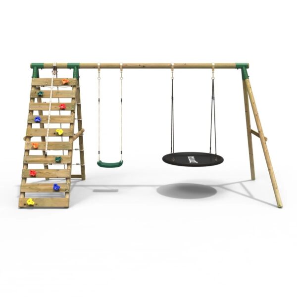 Rebo Wooden Swing Set with Up and Over Climbing Wall - Vale Green - Image 2