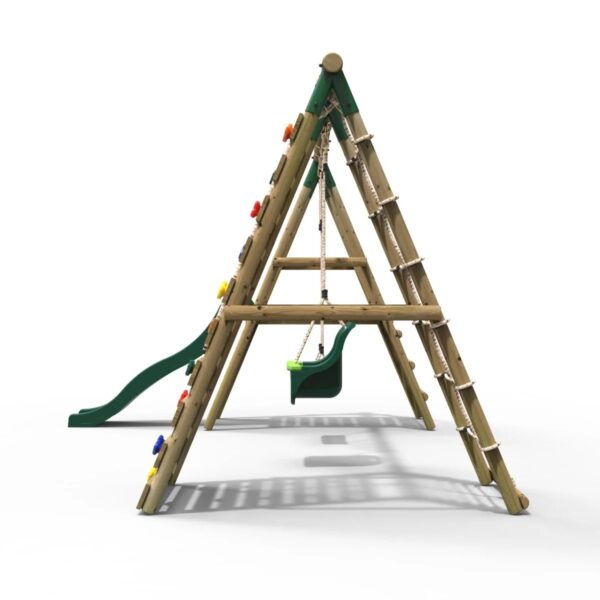 Rebo Wooden Swing Set with Deck and Slide plus Up and Over Climbing Wall - Moonstone Green - Image 2