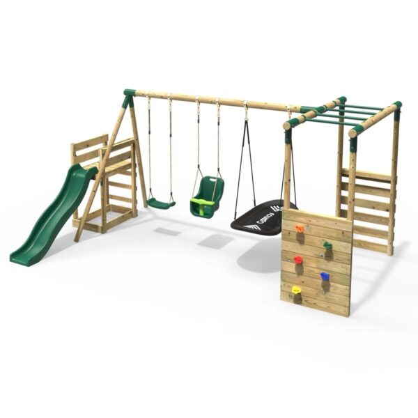 Rebo Wooden Swing Set with Monkey Bars plus Deck & 6ft Slide - Halley Green - Image 2