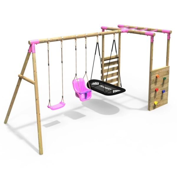 Rebo Wooden Garden Swing Set with Monkey Bars - Halley Pink - Image 2