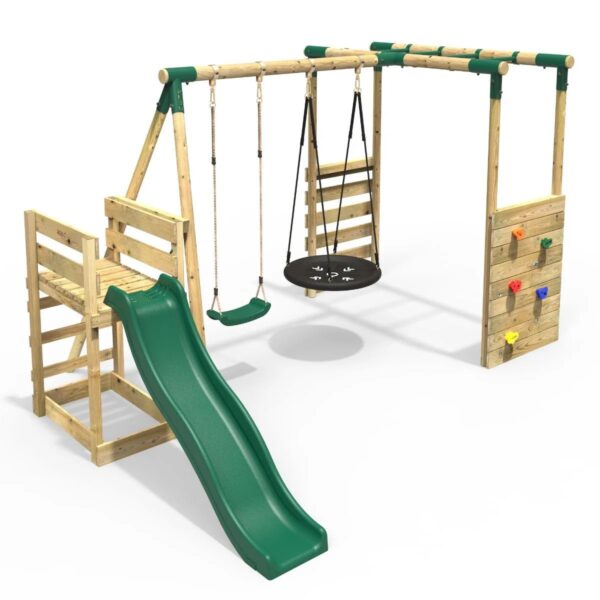 Rebo Wooden Swing Set with Monkey Bars plus Deck & 6ft Slide - Satellite Green