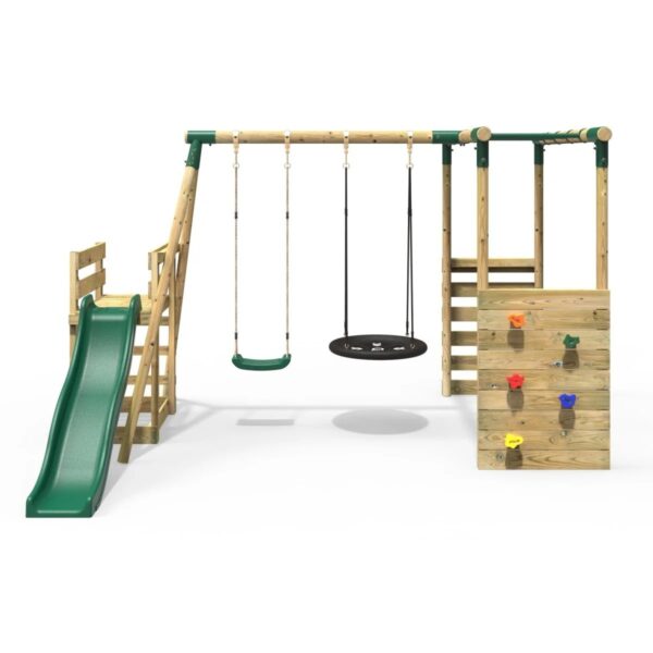 Rebo Wooden Swing Set with Monkey Bars plus Deck & 6ft Slide - Satellite Green - Image 3