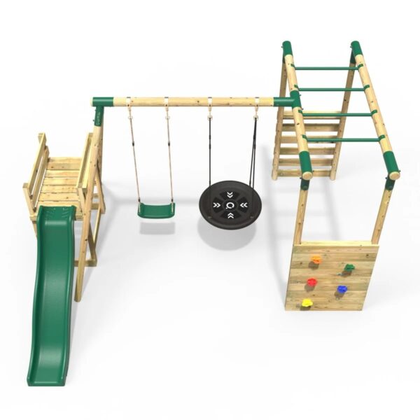 Rebo Wooden Swing Set with Monkey Bars plus Deck & 6ft Slide - Satellite Green - Image 2