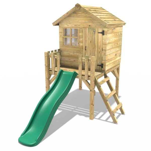 Rebo Orchard 4FT x 4FT Wooden Playhouse On 900mm Deck + 6FT Slide – Swan D Green