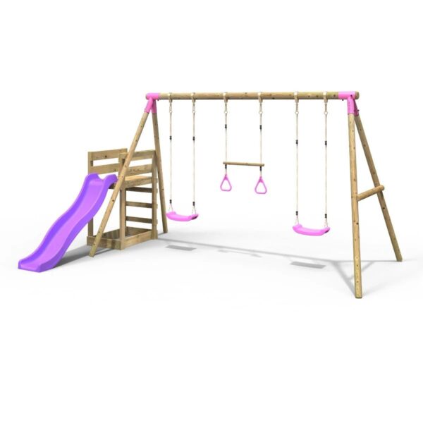 Rebo Wooden Swing Set plus Deck & Slide - Comet Pink