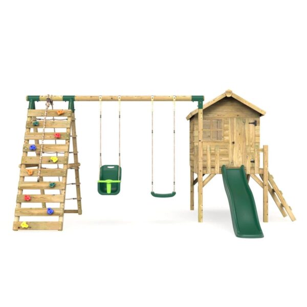 Rebo Orchard 4FT Wooden Playhouse + Swings, Rock Wall, Deck & 6FT Slide – Luna Green - Image 3