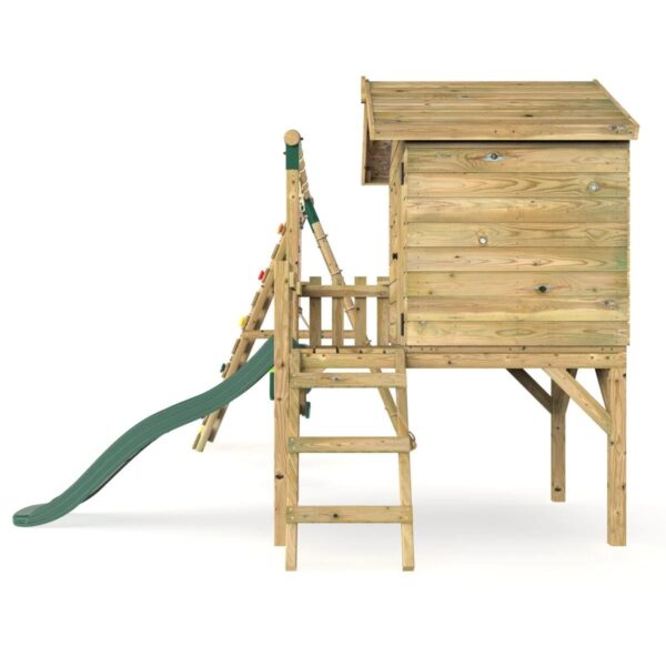 Rebo Orchard 4FT Wooden Playhouse + Swings, Rock Wall, Deck & 6FT Slide – Luna Green - Image 2