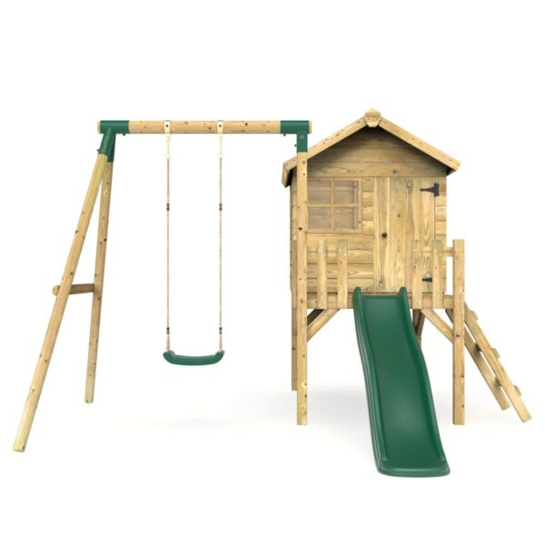 Rebo Orchard 4FT x 4FT Wooden Playhouse + Swings, 900mm Deck & 6FT Slide - Solar Green - Image 4