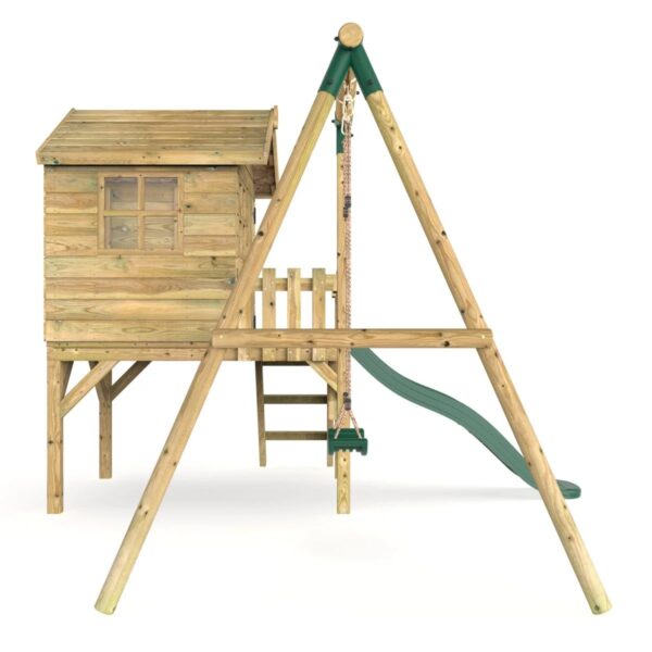 Rebo Orchard 4FT x 4FT Wooden Playhouse + Swings, 900mm Deck & 6FT Slide - Solar Green - Image 2