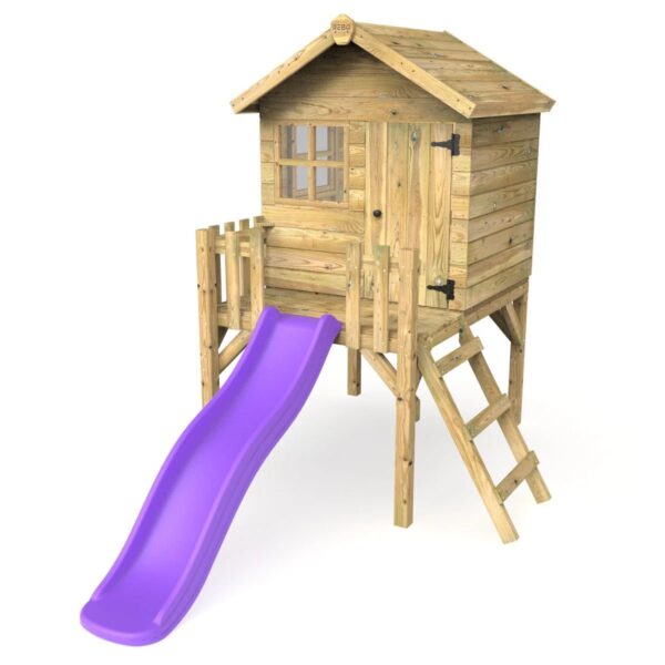 Rebo Orchard 4FT x 4FT Wooden Playhouse On 900mm Deck + 6FT Slide – Swan Purple