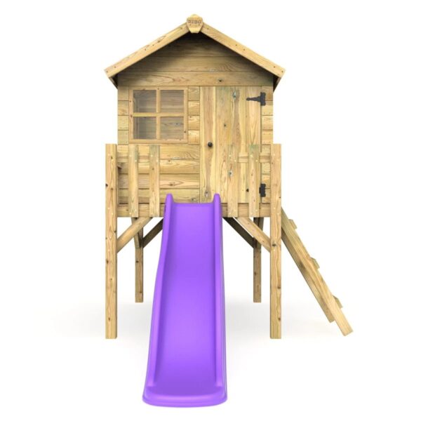 Rebo Orchard 4FT x 4FT Wooden Playhouse On 900mm Deck + 6FT Slide – Swan Purple - Image 3