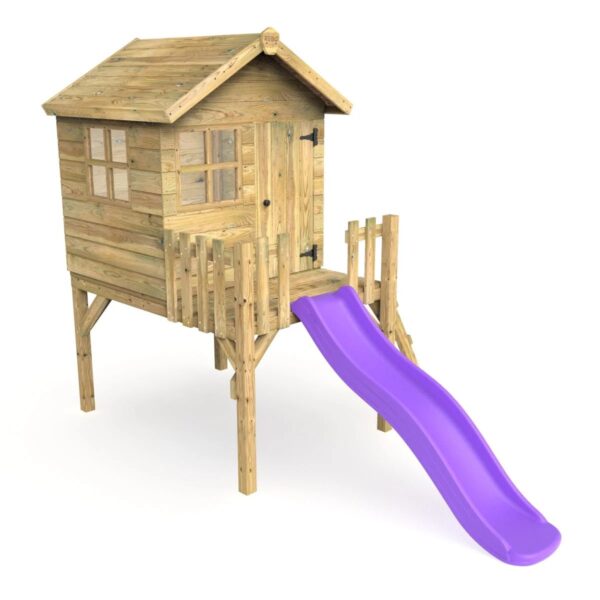 Rebo Orchard 4FT x 4FT Wooden Playhouse On 900mm Deck + 6FT Slide – Swan Purple - Image 2