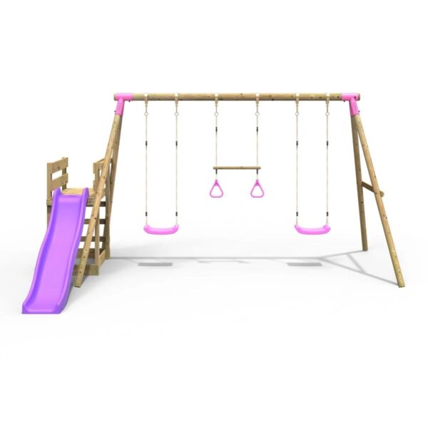 Rebo Wooden Swing Set plus Deck & Slide - Comet Pink - Image 2