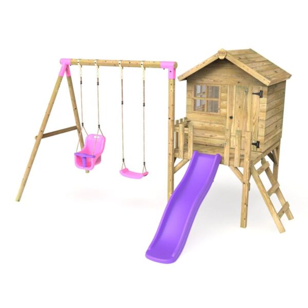 Rebo Orchard 4FT x 4FT Wooden Playhouse + Swings, 900mm Deck & 6FT Slide - Luna Purple