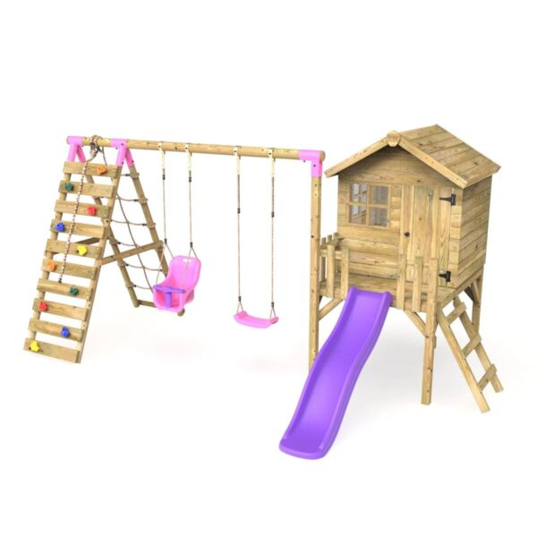 Rebo Orchard 4FT Wooden Playhouse + Swings, Rock Wall, Deck & 6FT Slide – Luna Purple