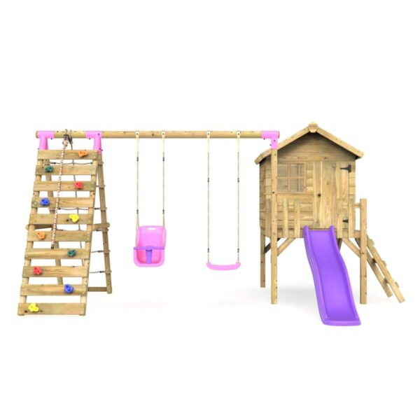 Rebo Orchard 4FT Wooden Playhouse + Swings, Rock Wall, Deck & 6FT Slide – Luna Purple - Image 3