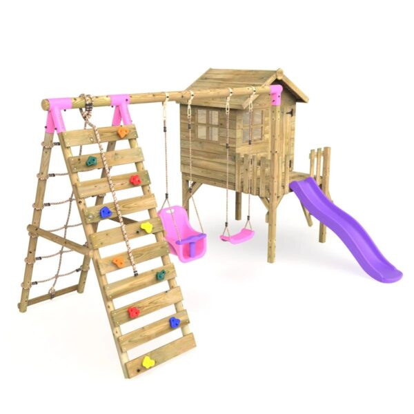 Rebo Orchard 4FT Wooden Playhouse + Swings, Rock Wall, Deck & 6FT Slide – Luna Purple - Image 2