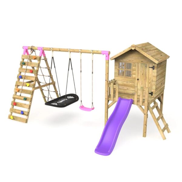 Rebo Orchard 4FT Wooden Playhouse + Swings, Rock Wall, Deck & 6FT Slide – Sage Purple