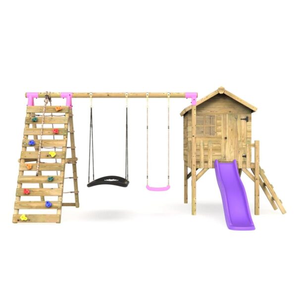 Rebo Orchard 4FT Wooden Playhouse + Swings, Rock Wall, Deck & 6FT Slide – Sage Purple - Image 3