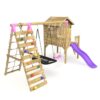 Rebo Orchard 4FT Wooden Playhouse + Swings, Rock Wall, Deck & 6FT Slide – Sage Purple - Image 2