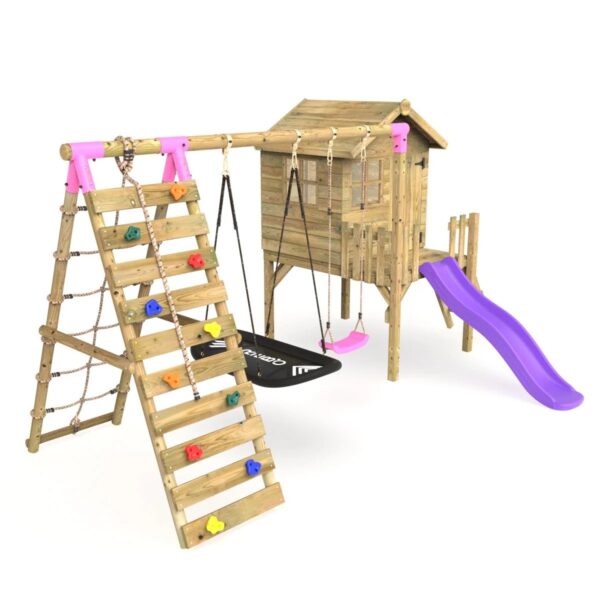 Rebo Orchard 4FT Wooden Playhouse + Swings, Rock Wall, Deck & 6FT Slide – Sage Purple - Image 2