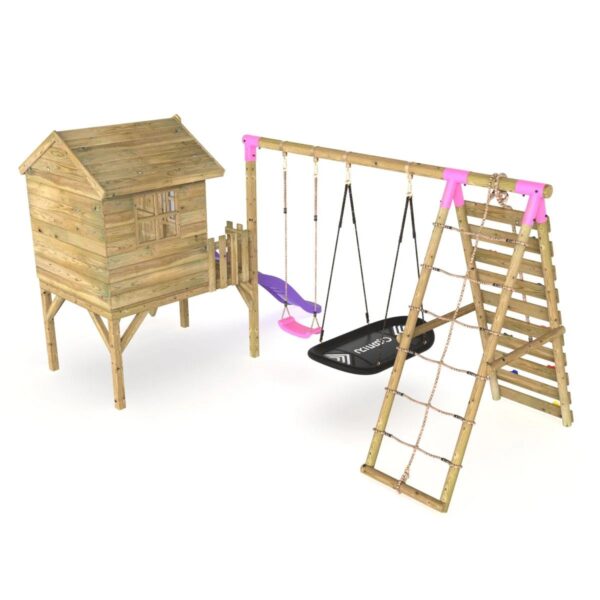 Rebo Orchard 4FT Wooden Playhouse + Swings, Rock Wall, Deck & 6FT Slide – Sage Purple - Image 4