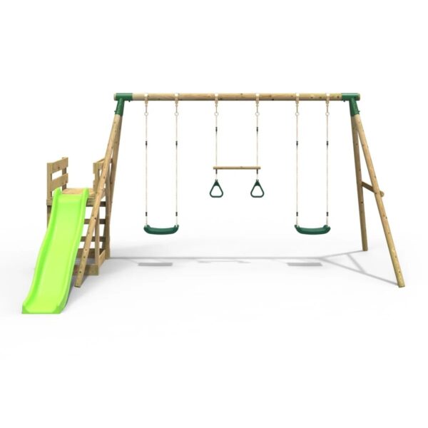 Rebo Wooden Swing Set plus Deck & Slide - Comet Green - Image 3