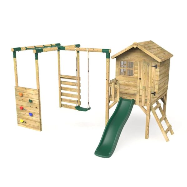 Rebo Orchard 4FT Wooden Playhouse, Swings, Monkey Bars, Deck & 6FT Slide – Solar Green