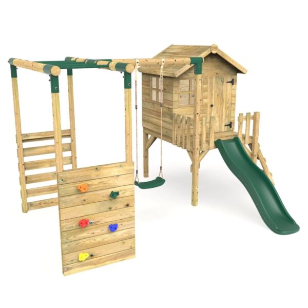 Rebo Orchard 4FT Wooden Playhouse, Swings, Monkey Bars, Deck & 6FT Slide – Solar Green - Image 3