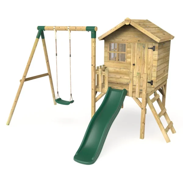 Rebo Orchard 4FT x 4FT Wooden Playhouse + Swings, 900mm Deck & 6FT Slide - Solar Green