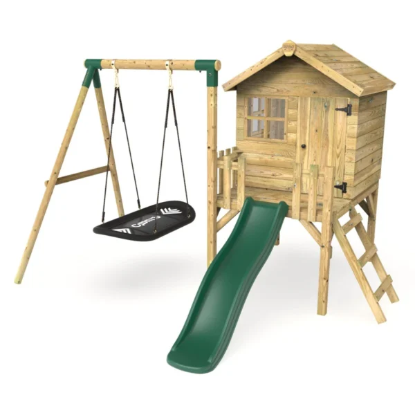 Rebo Orchard 4FT x 4FT Wooden Playhouse + Swings, 900mm Deck & 6FT Slide - Boat Green