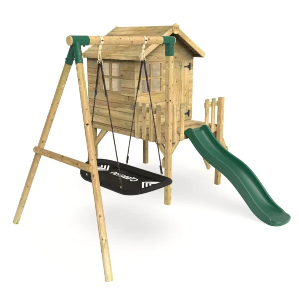 Rebo Orchard 4FT x 4FT Wooden Playhouse + Swings, 900mm Deck & 6FT Slide - Boat Green - Image 2