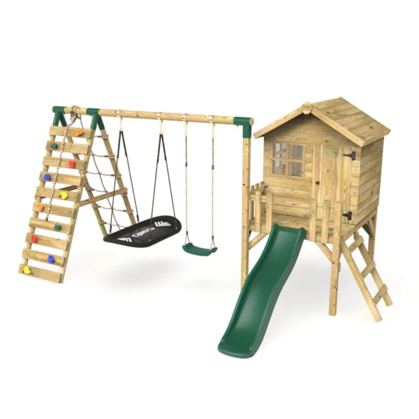 Rebo Orchard 4FT Wooden Playhouse + Swings, Rock Wall, Deck & 6FT Slide – Sage Green