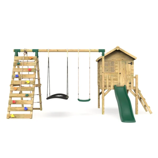 Rebo Orchard 4FT Wooden Playhouse + Swings, Rock Wall, Deck & 6FT Slide – Sage Green - Image 4