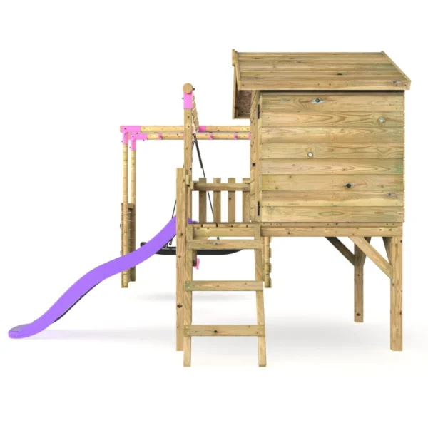 Rebo Orchard 4FT Wooden Playhouse, Swings, Monkey Bars, Deck & 6FT Slide – Sage Purple - Image 3