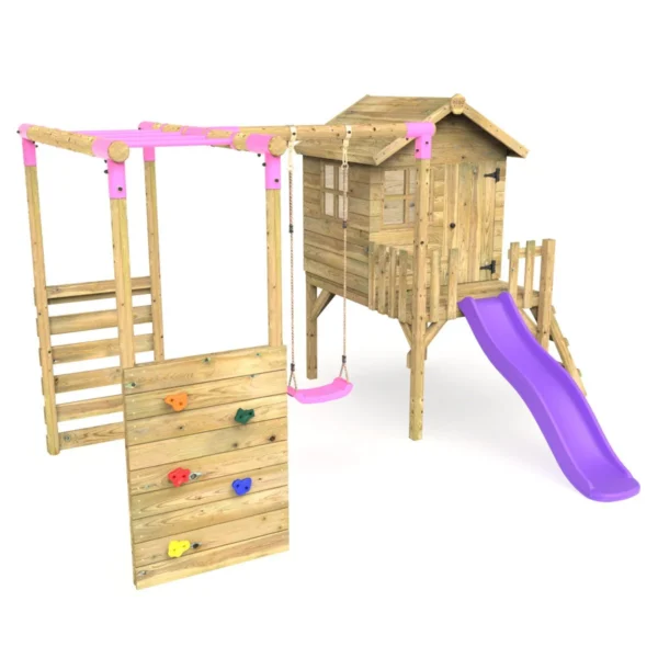 Rebo Orchard 4FT Wooden Playhouse, Swings, Monkey Bars, Deck & 6FT Slide – Solar Purple - Image 2