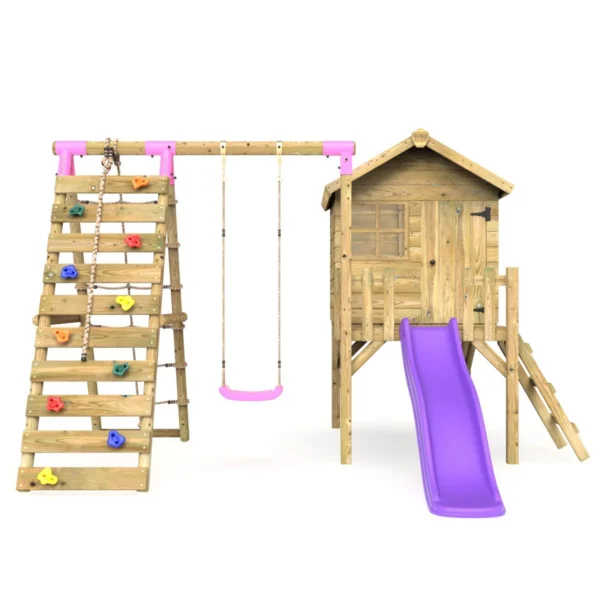 Rebo Orchard 4FT Wooden Playhouse + Swings, Rock Wall, Deck & 6FT Slide – Solar Purple - Image 4