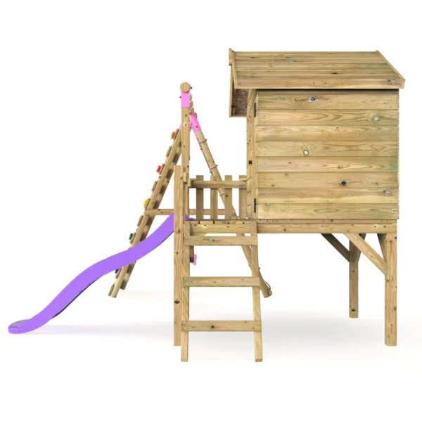 Rebo Orchard 4FT Wooden Playhouse + Swings, Rock Wall, Deck & 6FT Slide – Solar Purple - Image 3