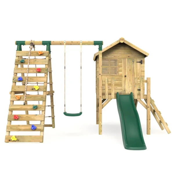 Rebo Orchard 4FT Wooden Playhouse + Swings, Rock Wall, Deck & 6FT Slide – Solar Green - Image 4