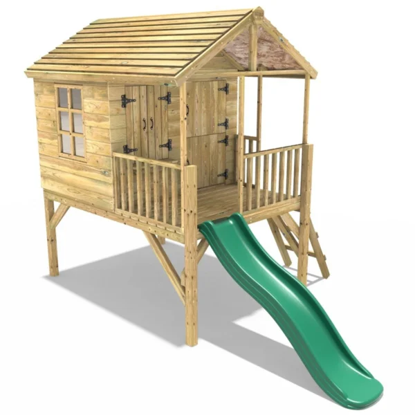 Rebo 5FT x 5FT Childrens Wooden Garden Playhouse on Deck with 6ft Slide - Falcon Green - Image 3