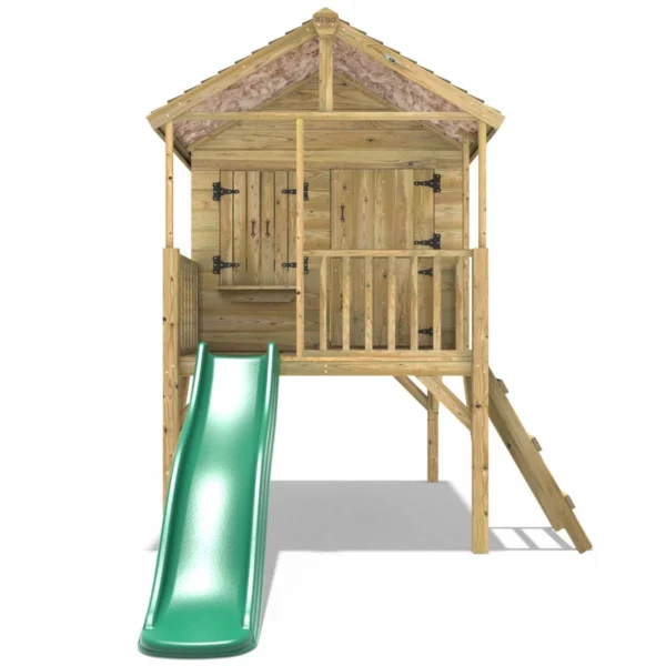 Rebo 5FT x 5FT Childrens Wooden Garden Playhouse on Deck with 6ft Slide - Falcon Green - Image 4