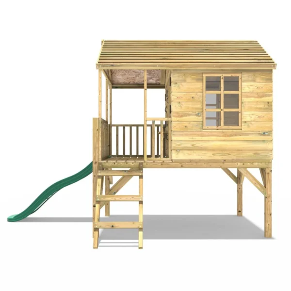 Rebo 5FT x 5FT Childrens Wooden Garden Playhouse on Deck with 6ft Slide - Falcon Green - Image 2