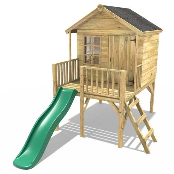 Rebo 5FT x 5FT Childrens Wooden Garden Playhouse on Deck with 6ft Slide - Pheasant Green