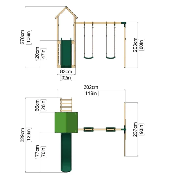Rebo Adventure Wooden Climbing Frame, Swing Set and Slide - Annapurna Green - Image 2