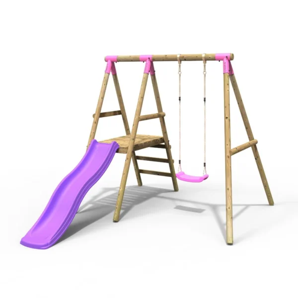 Rebo Apollo Wooden Swing Set with Platform and Slide - Pink - Image 7