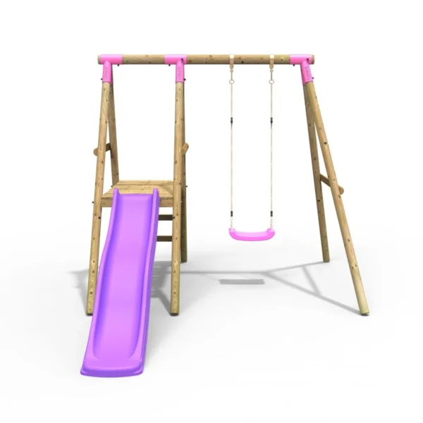 Rebo Apollo Wooden Swing Set with Platform and Slide - Pink - Image 6