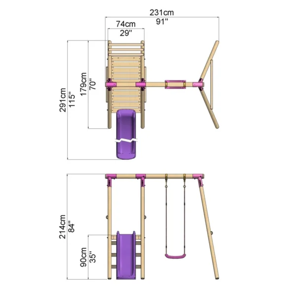 Rebo Apollo Wooden Swing Set with Platform and Slide - Pink - Image 4