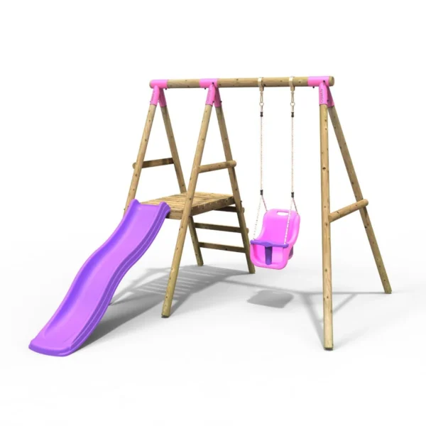 Rebo Cassini Wooden Swing Set with Platform and Slide - Pink - Image 7